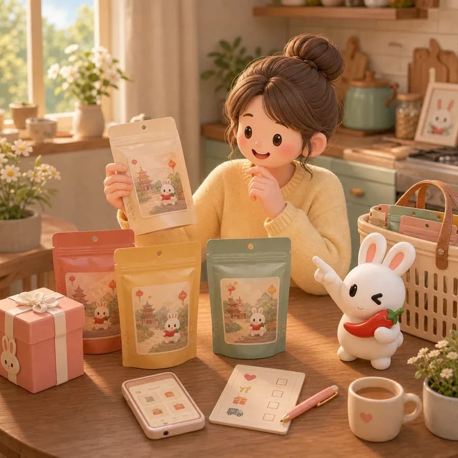 A young person at a kitchen table choosing from various snack packs and gift boxes, with a Lafeitu cartoon character giving tips.