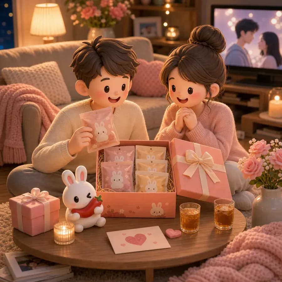 A couple in a warm living room opening a savory gift box and sealed snack packs, with a Lafeitu cartoon character nearby.