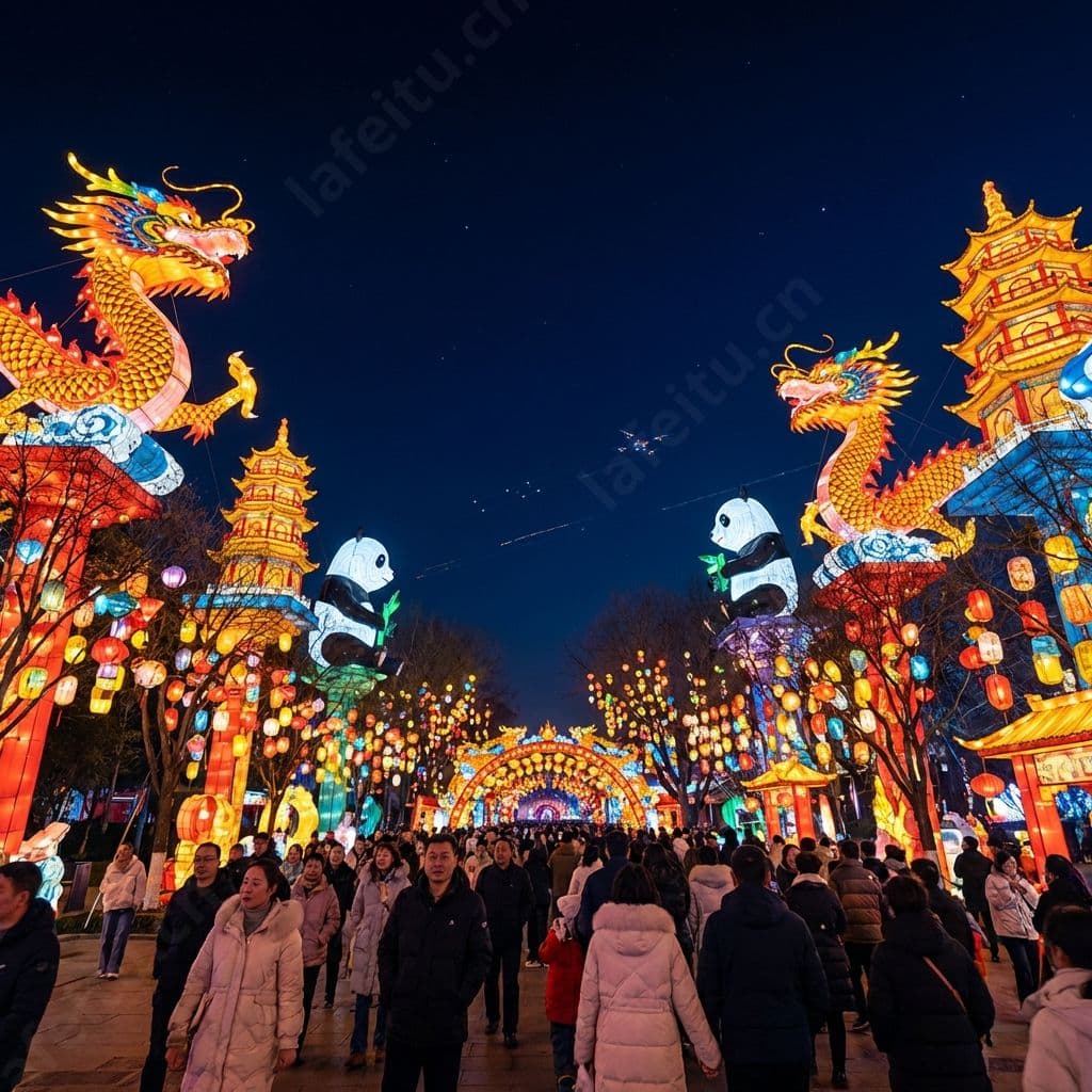 自贡中华彩灯大世界第33届灯会夜景光影与游览场景