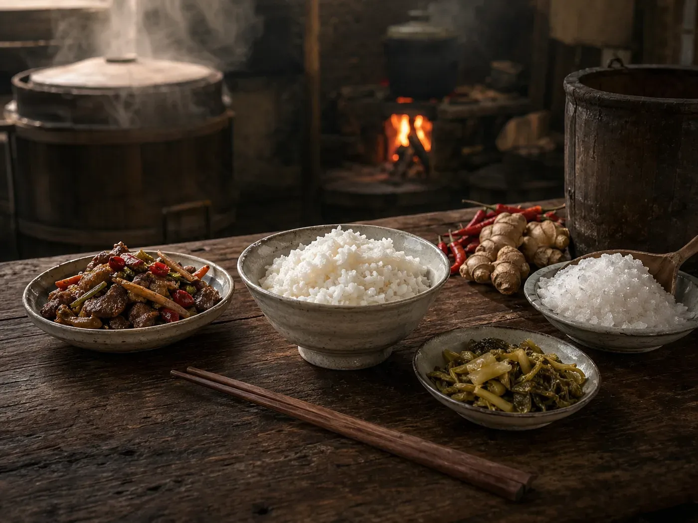 一份朴素的盐工饭食